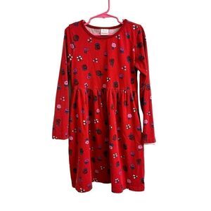Hanna Andersson Red Floral Long Sleeve Babydoll Dress Roses Pockets Size 8